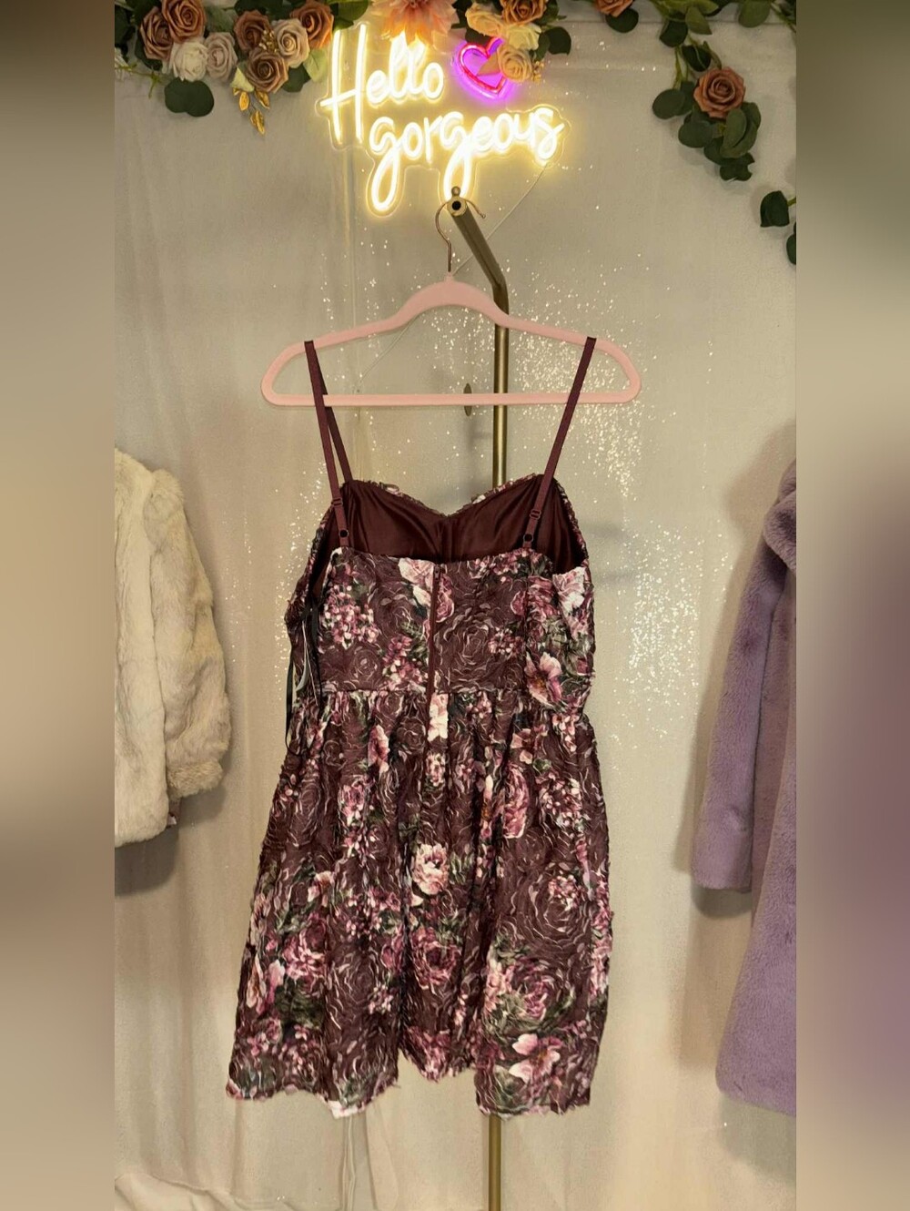 NWT BCX Size 7 Plum-Pink Burgundy Floral Spaghetti-Strap Mini Dress - Picture 4 of 9
